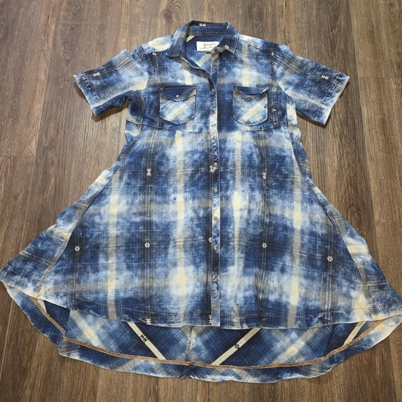 Ryan Michael Denim Western Shirt Dress Blue Tie Dye Plaid Button Down M - Picture 7 of 12